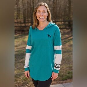 Victoria’s Secret PINK Hoodie – Turquoise & White Stripes, EUC
